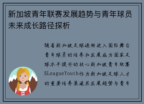新加坡青年联赛发展趋势与青年球员未来成长路径探析