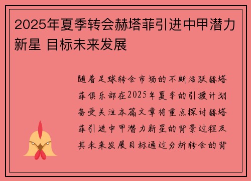 2025年夏季转会赫塔菲引进中甲潜力新星 目标未来发展
