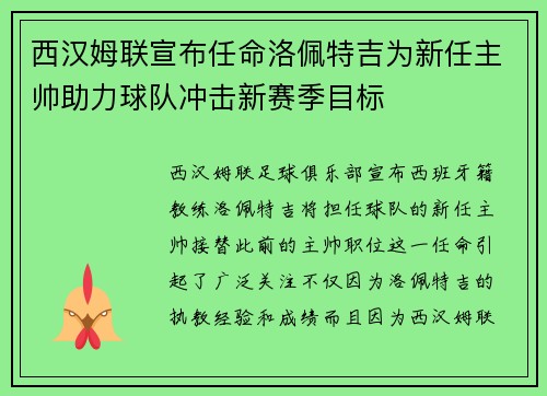 西汉姆联宣布任命洛佩特吉为新任主帅助力球队冲击新赛季目标